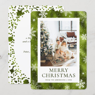 Green Merry Christmas Snowflake Snow Photo Holiday Card