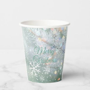 Green Merry Christmas Snowflakes Paper Cups
