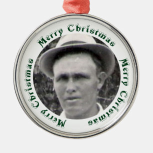 Green Merry Christmas Text Encircles Family Photo Metal Ornament