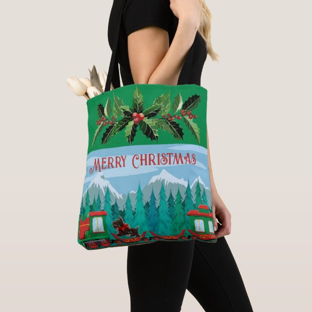 Green Merry Christmas Train Tote Bag (Close Up)
