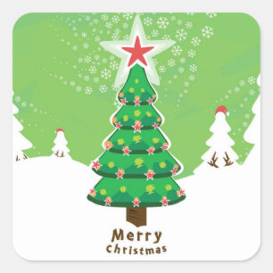 Green Merry Christmas Tree Square Sticker