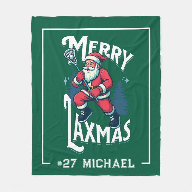 Green Merry Laxmas Personalized Lacrosse Christmas Fleece Blanket (Front)