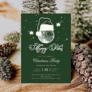 Green Merry Vibes Disco Ball Retro Christmas Party Invitation