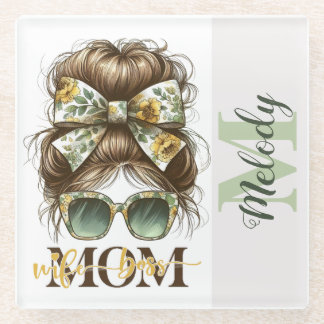 Green Messy Bun Mom Wife Boss Glass Coaster