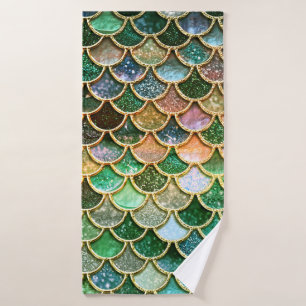 Green Metal Foil Glitter Gold Mermaid Fish Scales Bath Towel