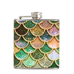 Green Metal Foil Glitter Gold Mermaid Scales Hip Flask