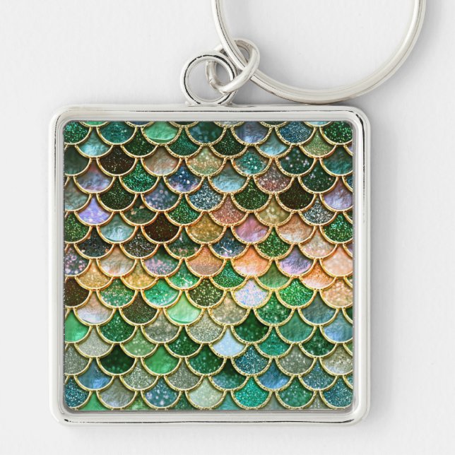 Green Metal Foil Glitter Gold Mermaid Scales Keychain (Front)