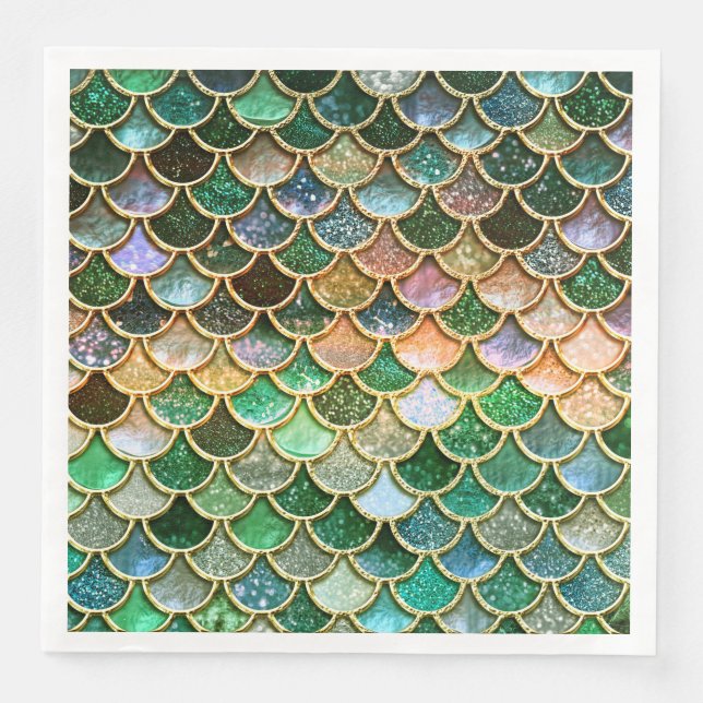Green Metal Foil Glitter Gold Mermaid Scales Napkin (Front)