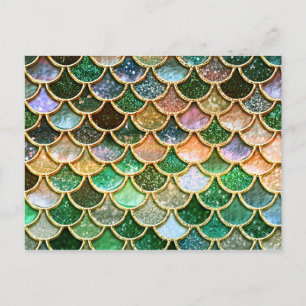 Green Metal Foil Glitter Gold Mermaid Scales Postcard