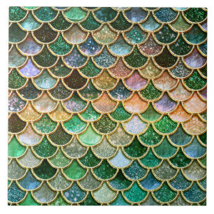 Green Metal Foil Glitter Gold Mermaid Scales Tile