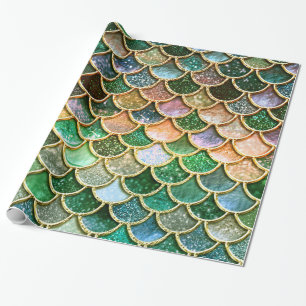 Green Metal Foil Glitter Gold Mermaid Scales Wrapping Paper