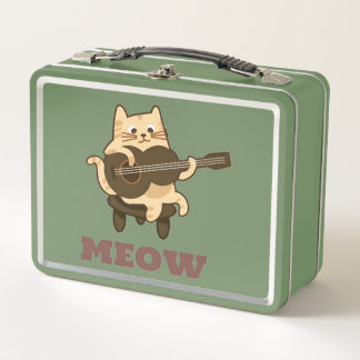 Green Metal Lunchbox – Cute Guitar Cat MEOW Design