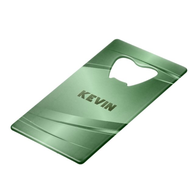 Green Metallic Brushed Aluminum Look Credit Card Bottle Opener (Front Angled)