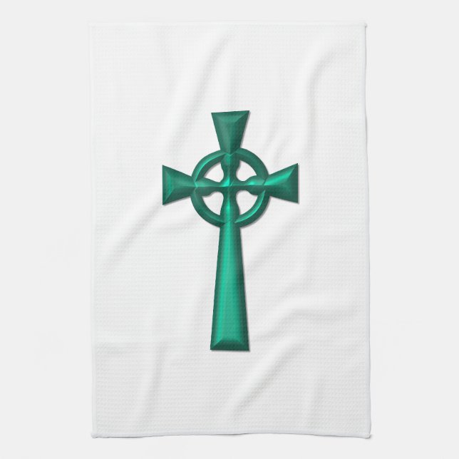Green Metallic Celtic Cross Kitchen Towel (Vertical)