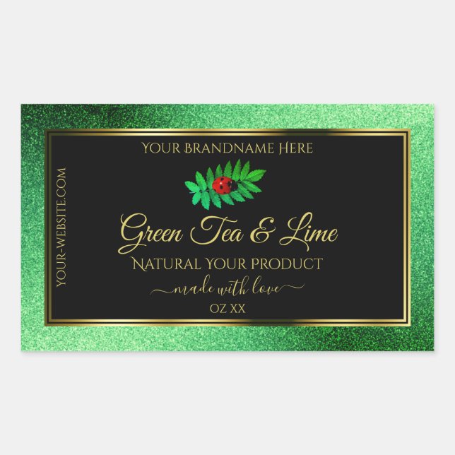 Green Metallic Glitter Black Product Label Ladybug (Front)