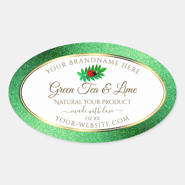 Green Metallic Glitter White Product Label Ladybug (Front)