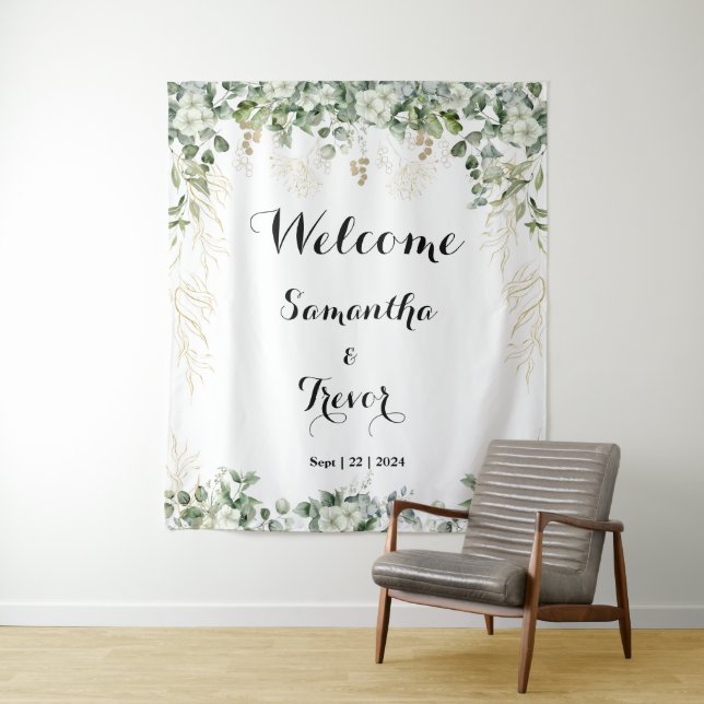 Green & Metallic Gold Blooms: A Wedding Welcome  Tapestry (In Situ)