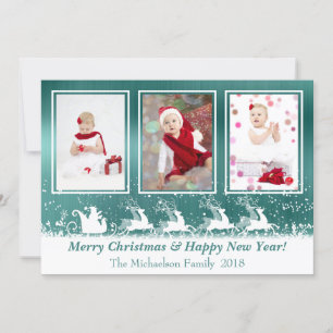 Green Metallic Sleigh Snow Photo Christmas Card