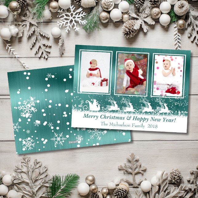 Green Metallic Sleigh Snow Photo Christmas Card (Creator Uploaded)