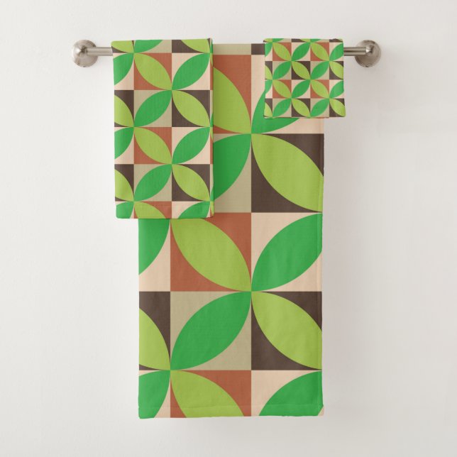  Green Mid Century Modern  Geometric pattern   Bath Towel Set (Insitu)