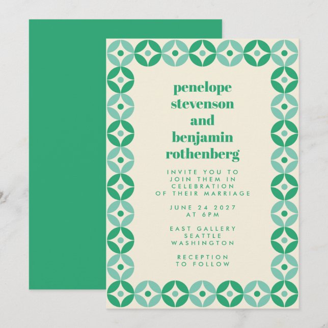 Green Mid Mod Geometric Pattern Chic Wedding Invitation (Front/Back)