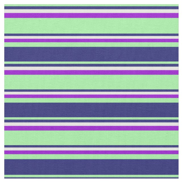 Green, Midnight Blue, White & Dark Violet Stripes Fabric (Close Up)