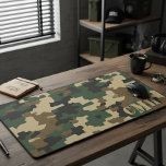 Green Military Retro Camouflage Stencil Monogram Desk Mat<br><div class="desc">Bring a tactical and personalized edge to your workspace with this custom camouflage desk mat. Perfect for gamers, military personnel, and outdoor enthusiasts, this large mousepad features a classic retro camo pattern in green, brown, and black. The durable, non-slip rubber base and smooth fabric surface provide a superior tracking experience...</div>