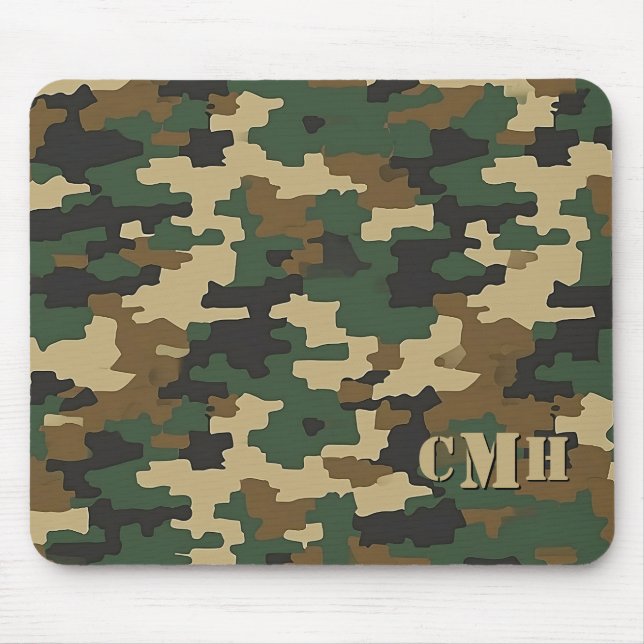 Green Military Retro Camouflage Stencil Monogram Mouse Pad (Front)