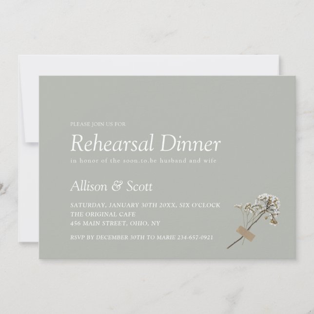 Green Minimal Hand Press Floral Rehearsal Dinner I Invitation (Front)