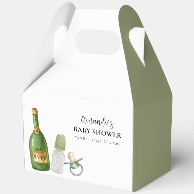 Green Minimal Poppin Champagne Bottles Baby Shower Favor Box (Front)