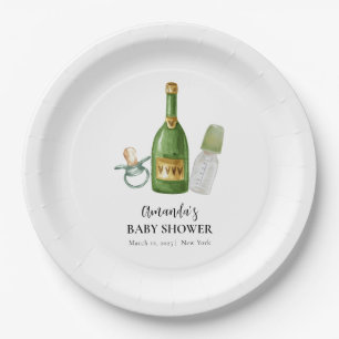 Green Minimal Poppin Champagne Bottles Baby Shower Paper Plate