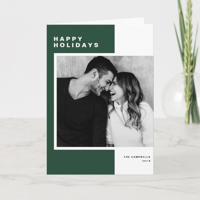 Green Minimalist Colour Block Happy Holidays Photo Holiday Card (Front)