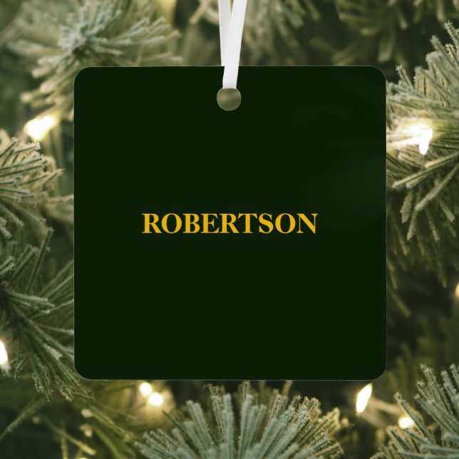 Green minimalist custom name  metal ornament (Insitu)
