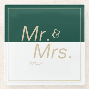 Green minimalist modern wedding mr & mrs glass coaster