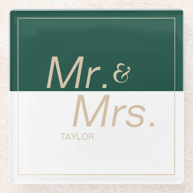 Green minimalist modern wedding mr & mrs glass coaster (Front)