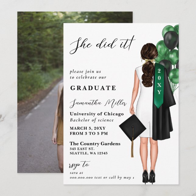 Green Minimalist Photo She Did It Graduation Invitation (Front/Back)