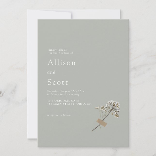 Green Minimalist Script Hand Press Floral Wedding Invitation (Front)
