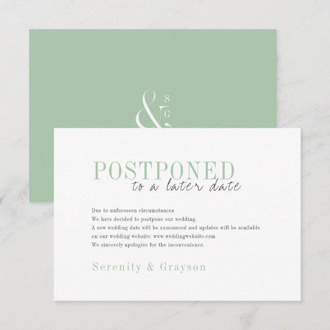Green minimalist typographic wedding postponement invitation (Front/Back)