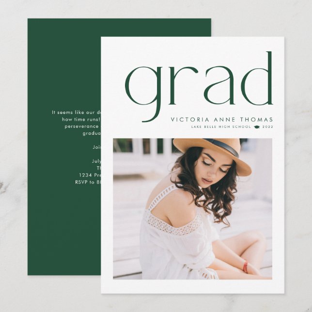 Green Minimalist Typography Photo Graduation Announcement (Front/Back)