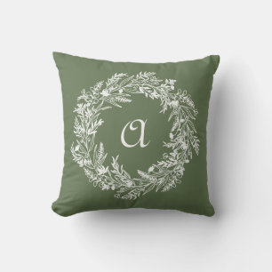 Green Minimalist Wreath Botanical Letter A Throw Pillow