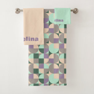 Green mint beige abstract geometric pattern name bath towel set