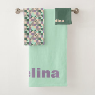 Green mint beige abstract geometric pattern name bath towel set
