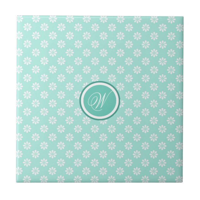 Green Mint Daisies Monogrammed Tile (Front)