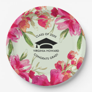Green Mint Fuchsia Floral Graduation Party Paper Plate