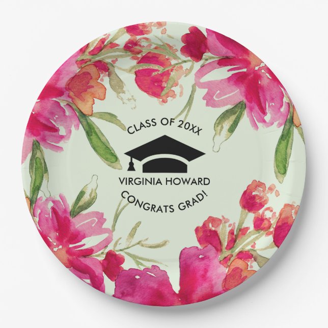 Green Mint Fuchsia Floral Graduation Party  Paper Plate (Front)