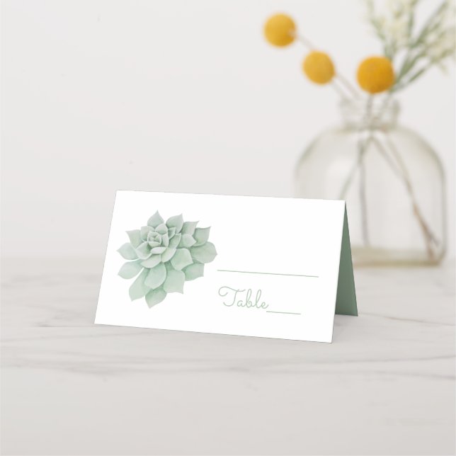 Green Mint Succulent Cactus Watercolor Wedding Place Card (Front)
