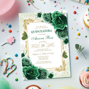 Green Mis Quince Quinceañera Birthday Invitation