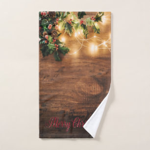 Green Mistletoe,String Lights,Wood Christmas Bath Towel Set