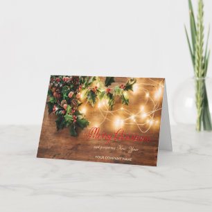 Green Mistletoe,String Lights,Wood Christmas Holiday Card