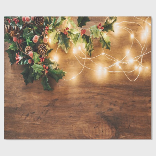 Green Mistletoe,String Lights,Wood Christmas Wrapping Paper (Flat)
